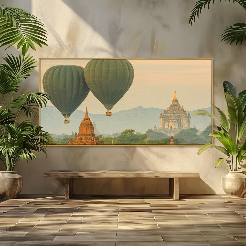 Tablou canvas cu tablou canvas cu peisaj din myanmar, in rama de aluminiu auriu